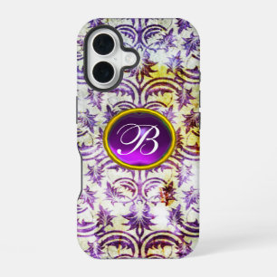 ANTIQUE DAMASK Purple Amethyst Monogram black iPhone 16 Case