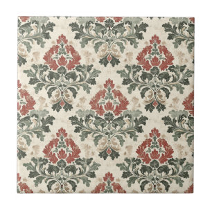 Antique Damask Red Green Beige Ceramic Tile