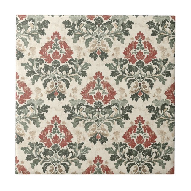 Antique Damask Red Green Beige Ceramic Tile (Front)