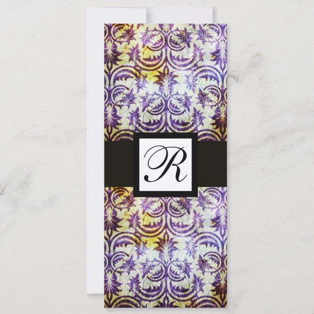 ANTIQUE DAMASK SQUARE MONOGRAM,black purple,silver Invitation (Front)