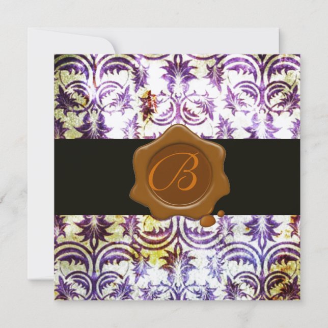 ANTIQUE DAMASK WAX SEAL MONOGRAM,purple,gold Invitation (Front)