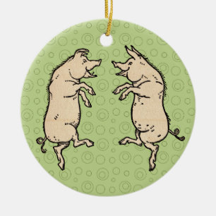 Antique Dancing Pigs: Whimsical Vintage Piggy Jig  Ceramic Tree Decoration