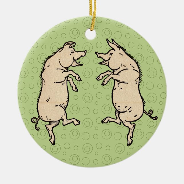 Antique Dancing Pigs: Whimsical Vintage Piggy Jig  Ceramic Tree Decoration (Front)