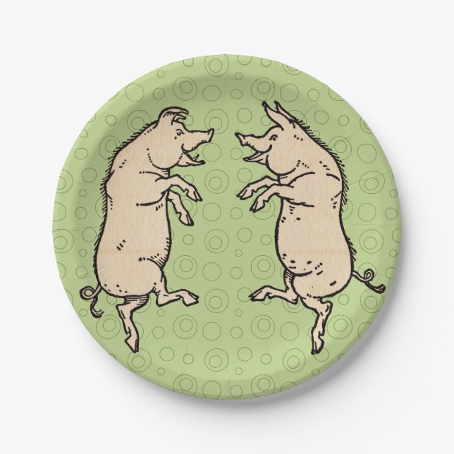 Antique Dancing Pigs: Whimsical Vintage Piggy Jig  Paper Plate (Front)