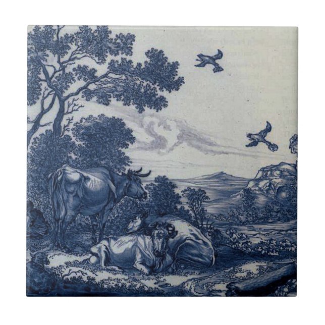 Antique Delft Blue Tile - Cattle and Birds (Front)
