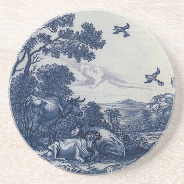 Antique Delft Blue Tile - Cattle and Birds Coaster (Front)