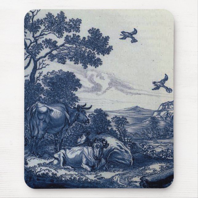 Antique Delft Blue Tile - Cattle and Birds Mouse Pad (Front)