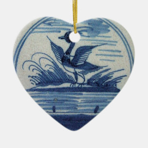Antique Delft Blue Tile - Duck in the Water Ceramic Ornament