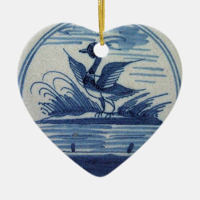 Antique Delft Blue Tile - Duck in the Water Ceramic Ornament (Front)