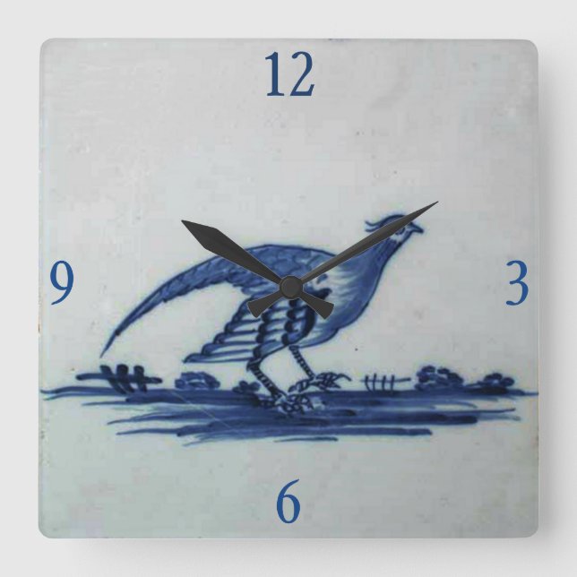 Antique Delft Blue Tile - Grouse in the Grass Square Wall Clock (Front)