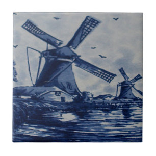 Antique Delft Blue Tile - Windmills by the Water