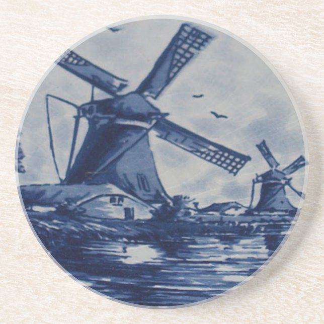 Antique Delft Blue Tile - Windmills by the Water Coaster (Front)
