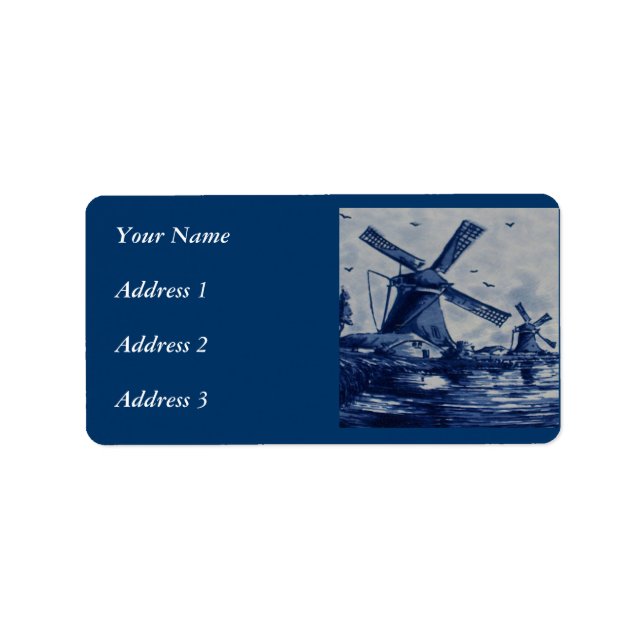 Antique Delft Blue Tile - Windmills by the Water Label (Front)