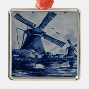 Antique Delft Blue Tile - Windmills by the Water Metal Tree Decoration