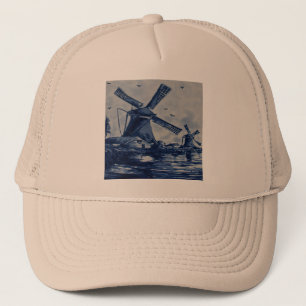 Antique Delft Blue Tile - Windmills by the Water Trucker Hat