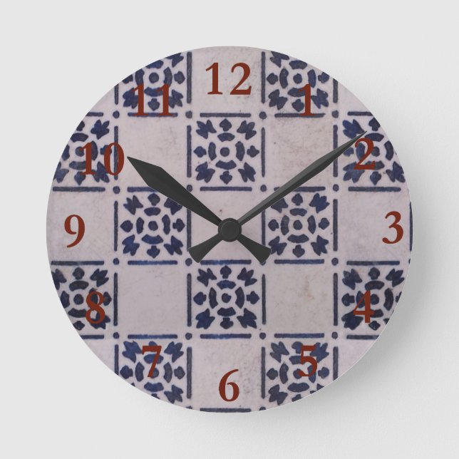 Antique Delft Blue White Pattern Dutch Tile Round Clock (Front)