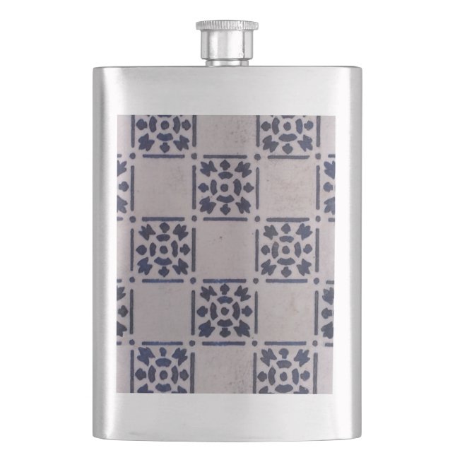 Antique Delft Tile Blue: Classic Dutch Art Pattern Hip Flask (Front)