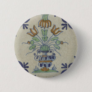 Antique Delft Tile Dutch Tulip Vase: Blue and Gold 6 Cm Round Badge