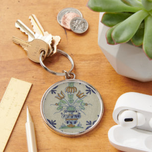 Antique Delft Tile Dutch Tulip Vase: Blue and Gold Key Ring