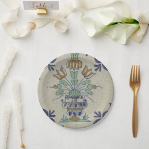 Antique Delft Tile Dutch Tulip Vase: Blue and Gold Paper Plate