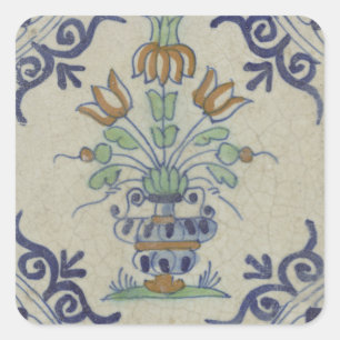 Antique Delft Tile Dutch Tulip Vase: Blue and Gold Square Sticker