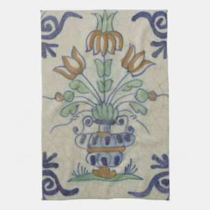 Antique Delft Tile Dutch Tulip Vase: Blue and Gold Tea Towel