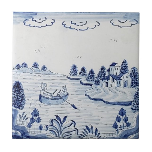 Antique Delft Tile-Pastoral Scene-Blue & White-20 Ceramic Tile (Front)