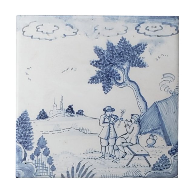 Antique Delft Tile-Pastoral Scene-Blue & White-21 Ceramic Tile (Front)