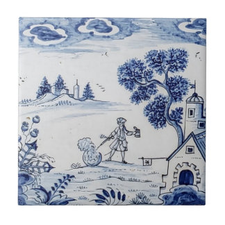 Antique Delft Tile-Pastoral Scene-Blue & White-2 Ceramic Tile