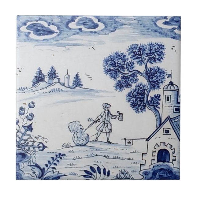 Antique Delft Tile-Pastoral Scene-Blue & White-2 Ceramic Tile (Front)
