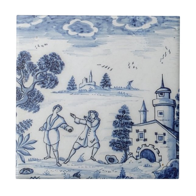 Antique Delft Tile-Pastoral Scene-Blue & White-4 Ceramic Tile (Front)