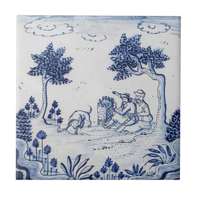 Antique Delft Tile-Pastoral Scene-Blue & White-6 Ceramic Tile (Front)