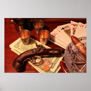 Antique derringer pistol in gambling set up poster