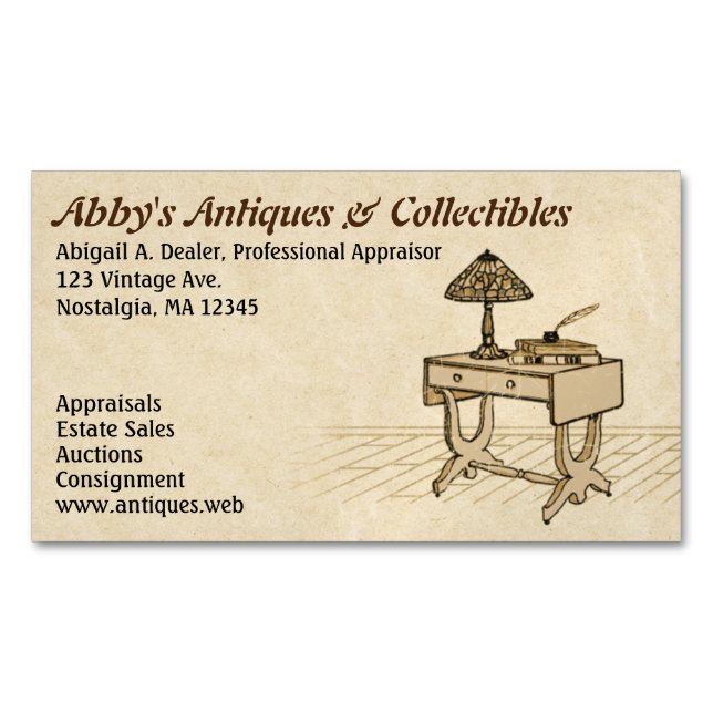 Antique Desk with Lamp, Books and Pen Magnetic Business Card (Front)