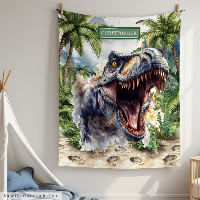 Antique Dinosaur T-rex Personalised Name Boys Fleece Blanket (Antique Dinosaur T-rex Personalized Name Boys)
