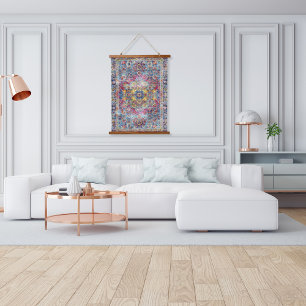 Antique Dirty Blue Fuchsia Distressed Persian Hanging Tapestry