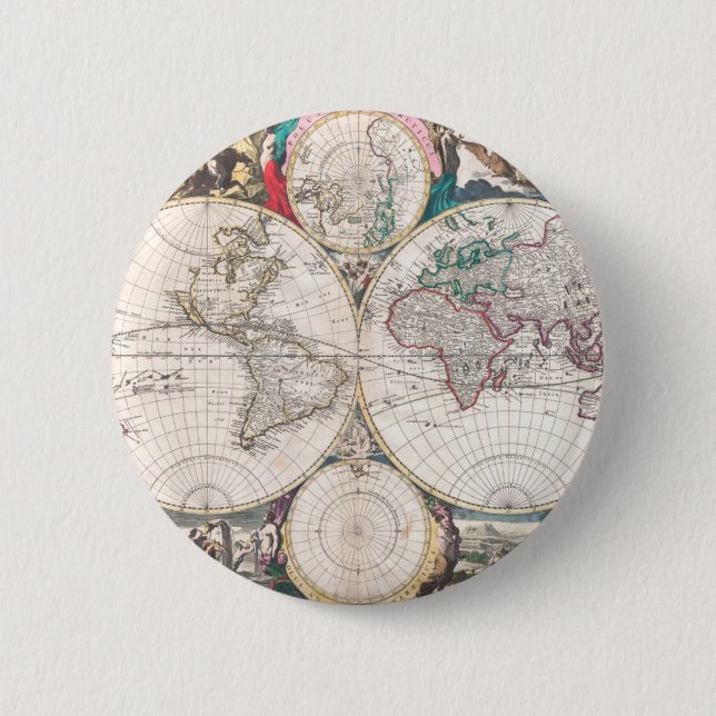 Antique Double-Hemisphere World Map 6 Cm Round Badge (Front)
