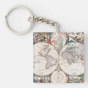 Antique Double-Hemisphere World Map Key Ring