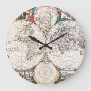 Antique Double-Hemisphere World Map Large Clock