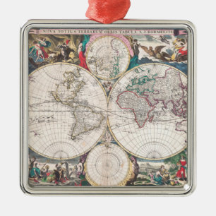 Antique Double-Hemisphere World Map Metal Ornament