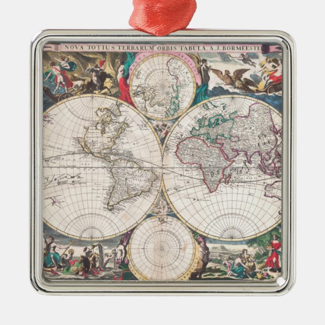 Antique Double-Hemisphere World Map Metal Ornament (Front)