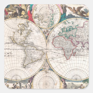 Antique Double-Hemisphere World Map Square Sticker