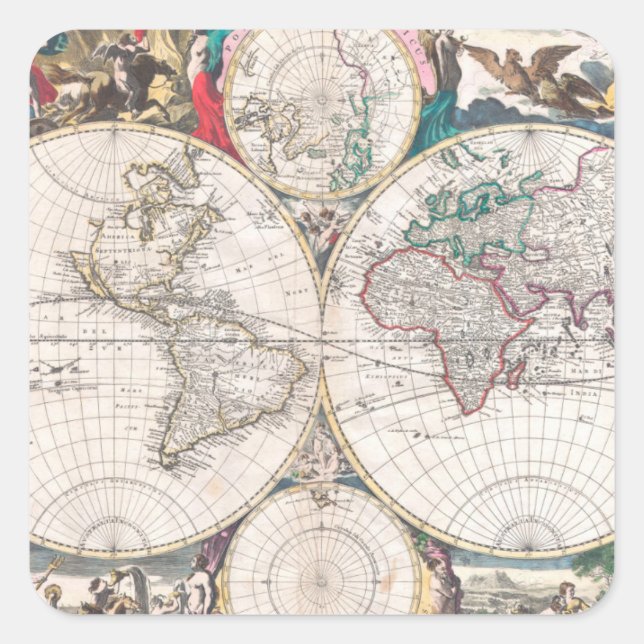 Antique Double-Hemisphere World Map Square Sticker (Front)