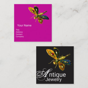ANTIQUE DRAGONFLY JEWEL Monogram Fuchsia Black Square Business Card