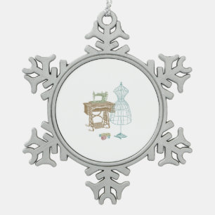 Antique Dressmaker Kit Illustration Snowflake Pewter Christmas Ornament