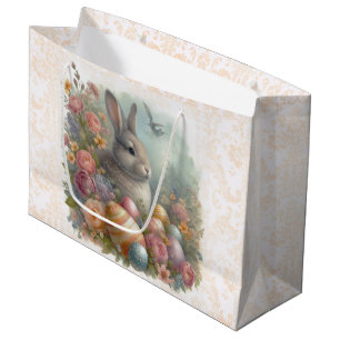 Antique Easter Bunny with Damask Floral Large Gift Bag