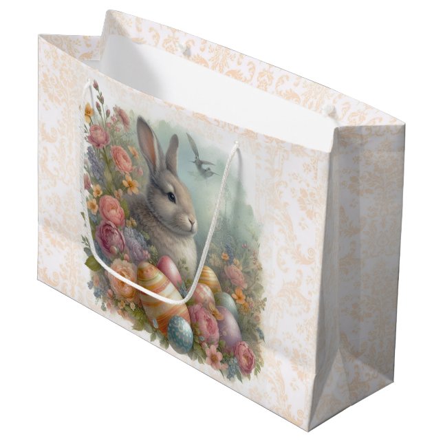 Antique Easter Bunny with Damask Floral Large Large Gift Bag (Front Angled)