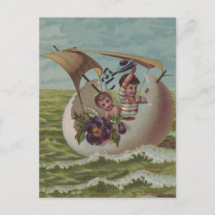 Antique Easter Card Sailing Egg Children