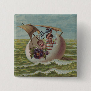 Antique Easter Card Sailing Egg Children 15 Cm Square Badge
