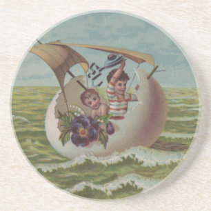 Antique Easter Card Sailing Egg Children Coaster